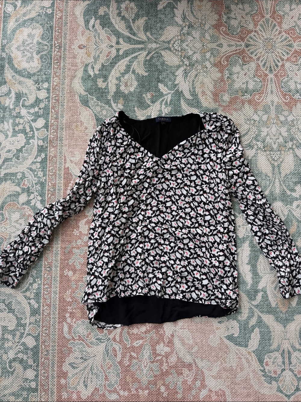 Printed V-Neck Blouse in Black with Pink & White Floral -